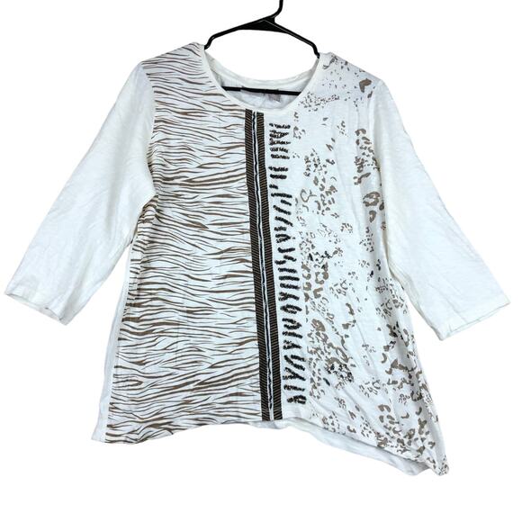 Chicos Womens Blouse Cream Half Zebra Half Leopard Chain Sequin 3/4 Sleeve 2 (L) - Picture 1 of 13